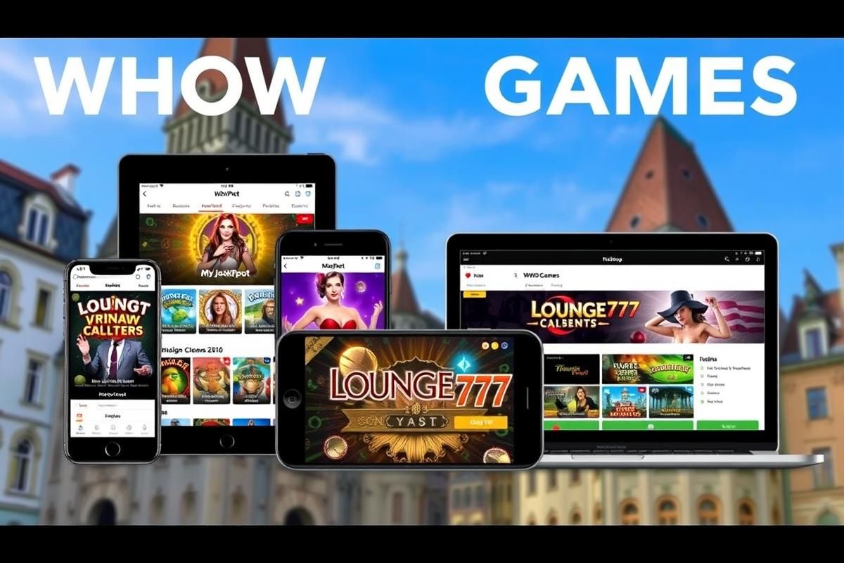 User interfaces of WHOW Games apps such as MyJackpot and Lounge777 displayed on various devices.