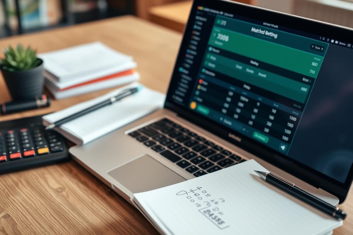 Visual of matched betting setup with a laptop showing betting odds and a notebook detailing calculations in a neat workspace.