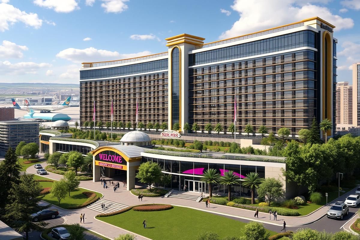 Visual representation of a proposed casino resort near JFK airport, featuring lush landscaping and modern architecture.