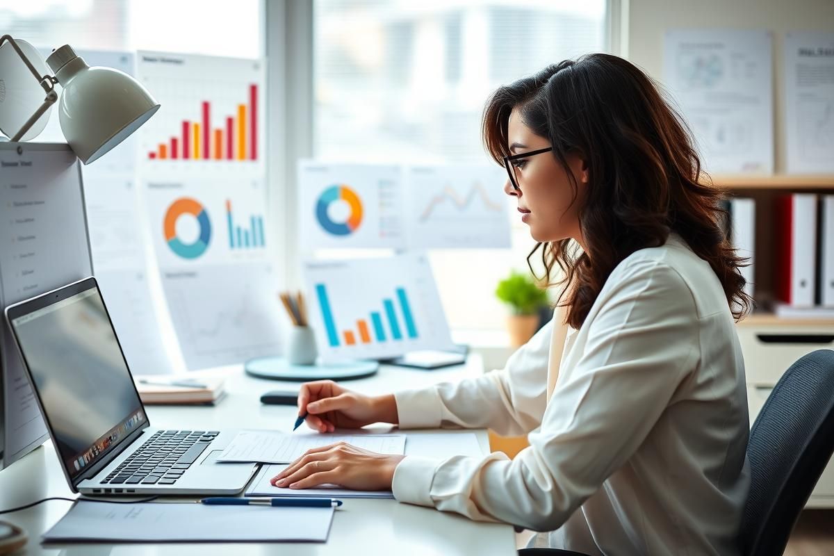 Writer organizing content with charts and tools in a workspace.