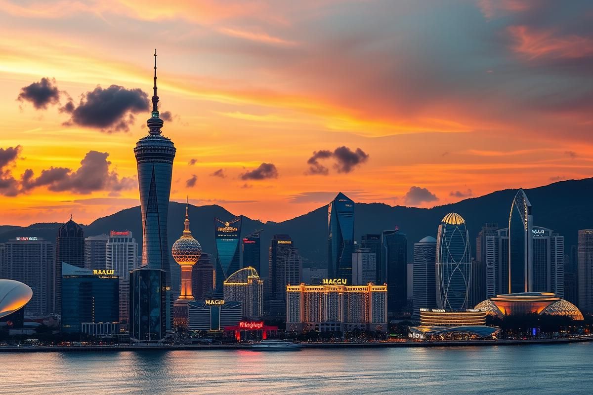 A breathtaking aerial view of Macau at sunset, highlighting luxury casinos and landmarks along the Pearl River Delta.
