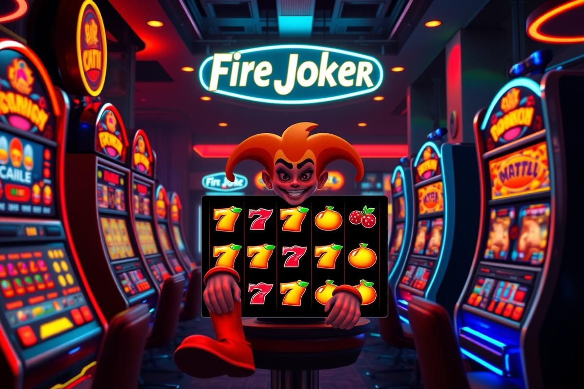 A bright and colorful casino arcade scene with glowing slot machines and a fiery-themed digital slot game featuring the Fire Joker character.