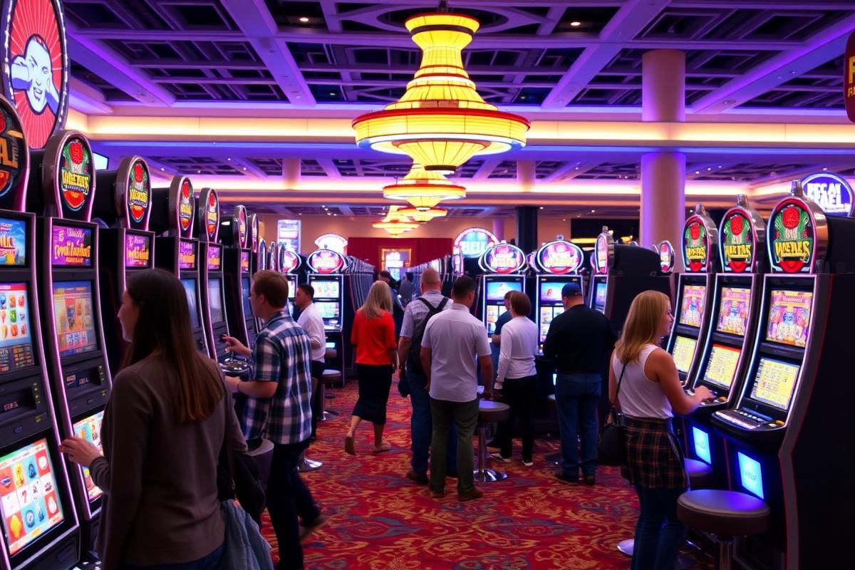 A bustling Las Vegas casino floor with slot machines and diverse gamblers, symbolizing the impact of gambling legislation.