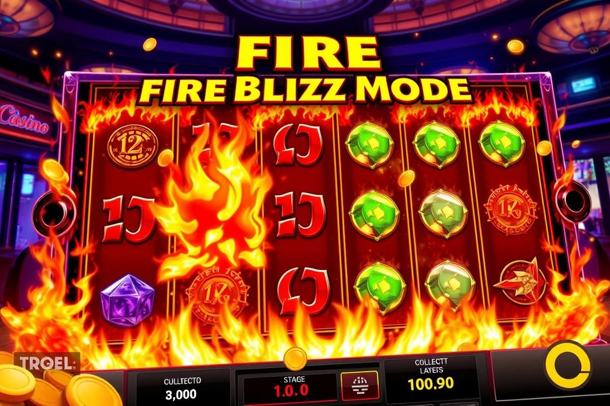 A close-up image of the Fire Joker Blitz slot game’s Fire Blitz Mode, featuring fiery visuals, coin collections, and stage progression levels.