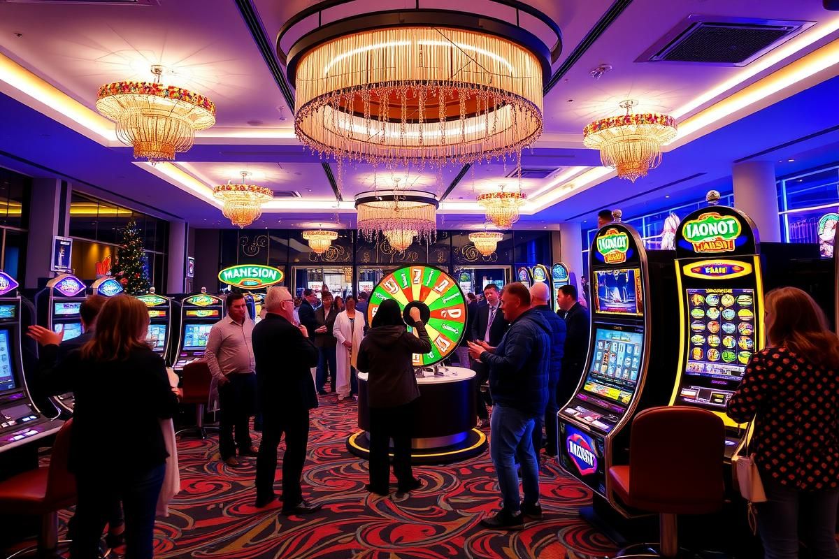 A dynamic view showing guests enjoying the Money Mansion slot launch event inside Kasino Vannes, complete with festive decorations and prize giveaways.
