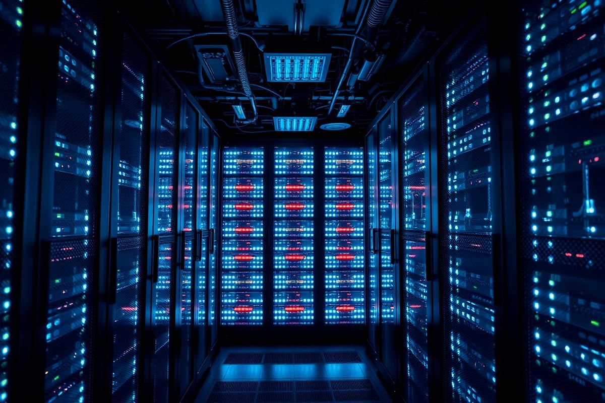 A high-tech server room representing the cutting-edge infrastructure powering betting technology in Leeds.
