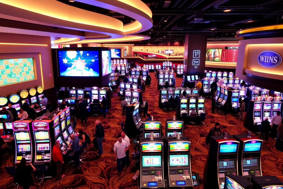 A lively casino floor with slot machines and gaming tables in Pennsylvania.