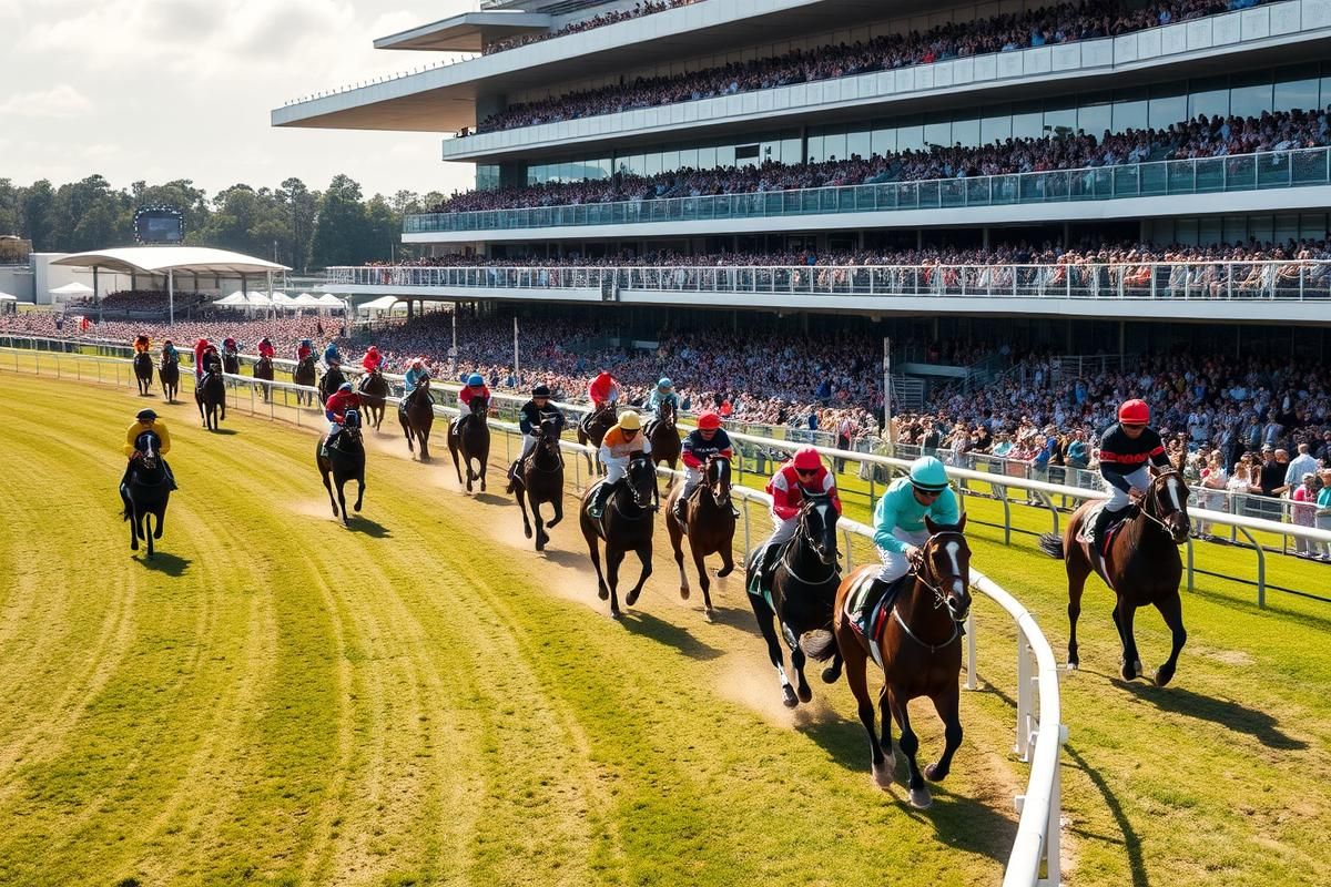 A lively horse racing scene at an Australian track with jockeys and spectators.