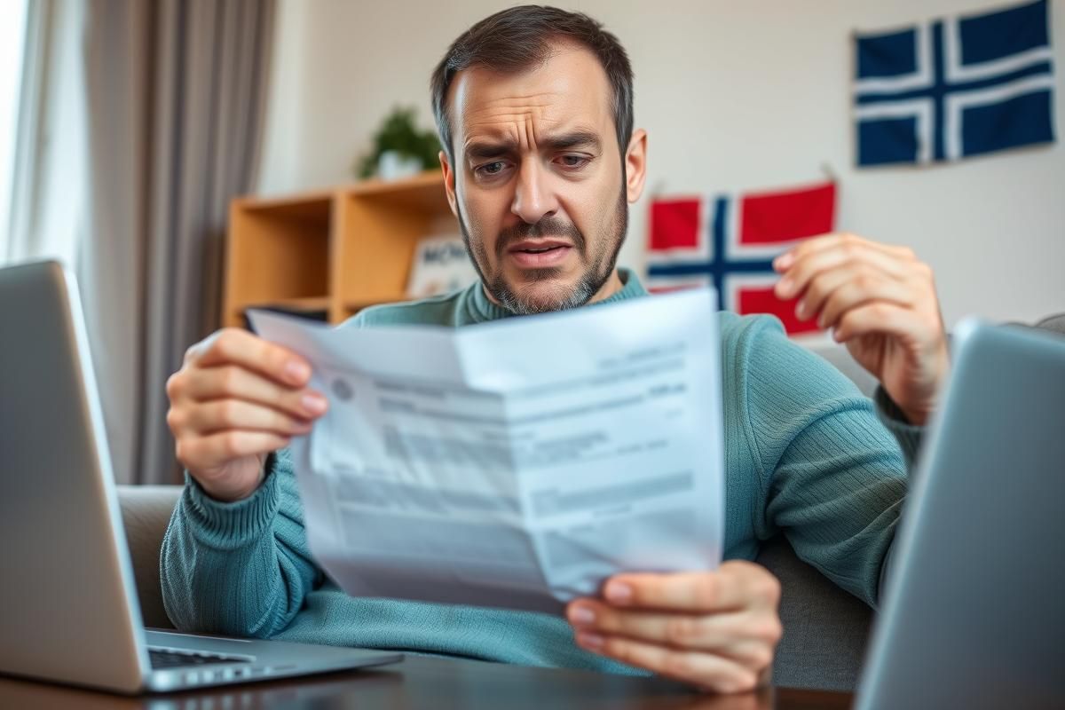 A lottery participant looking distraught at a false notification, with a Norwegian flag in the background indicating the setting.