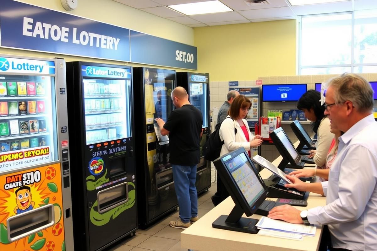A Maryland Lottery retail location featuring self-service machines and counter terminals with customers purchasing tickets.