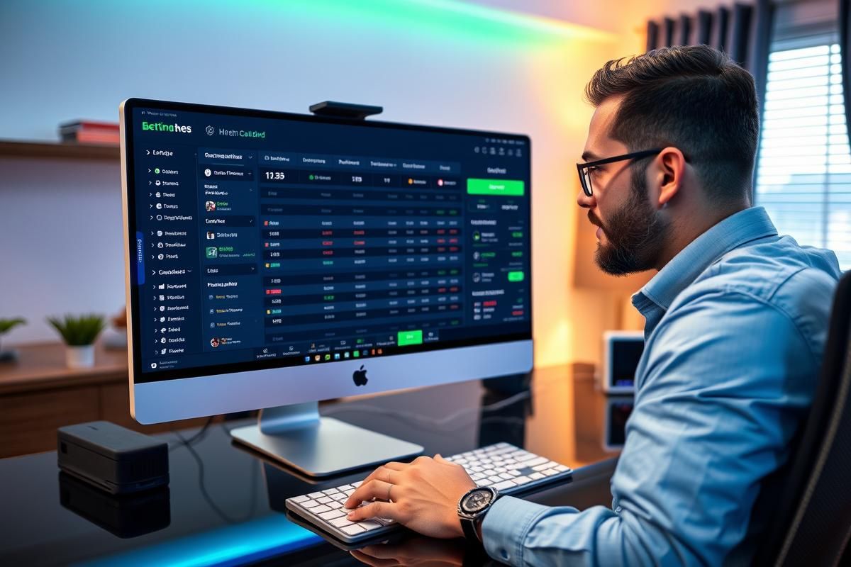 A professional bettor using a modern online betting platform, showcasing real-time betting odds and dynamic promotions on a desktop setting.
