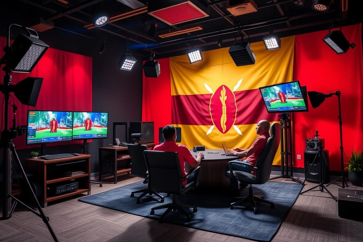 A professional gaming studio showcasing live-action setups with African-themed décor.