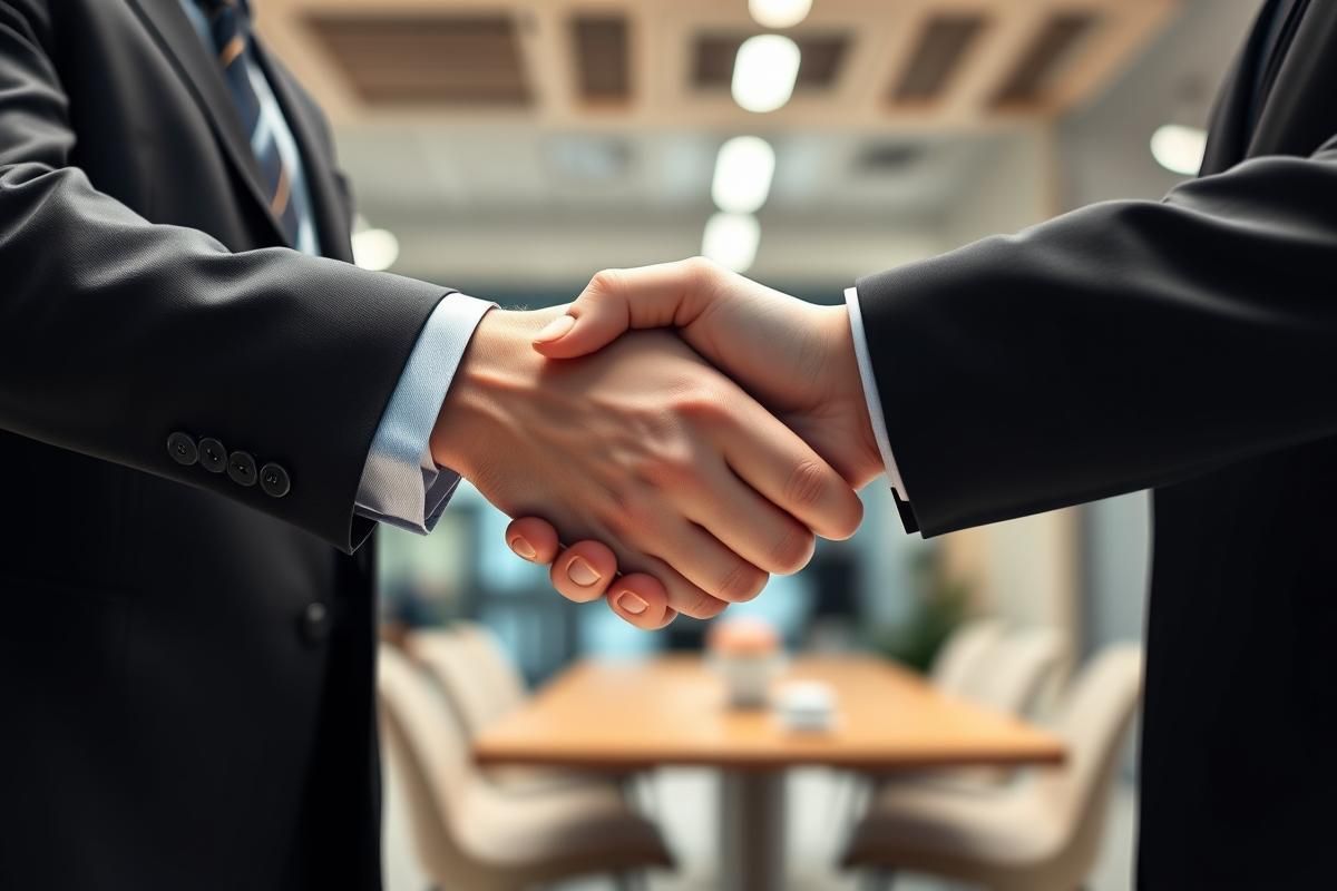 A professional handshake between executives symbolizing a corporate acquisition agreement in a modern office setting.