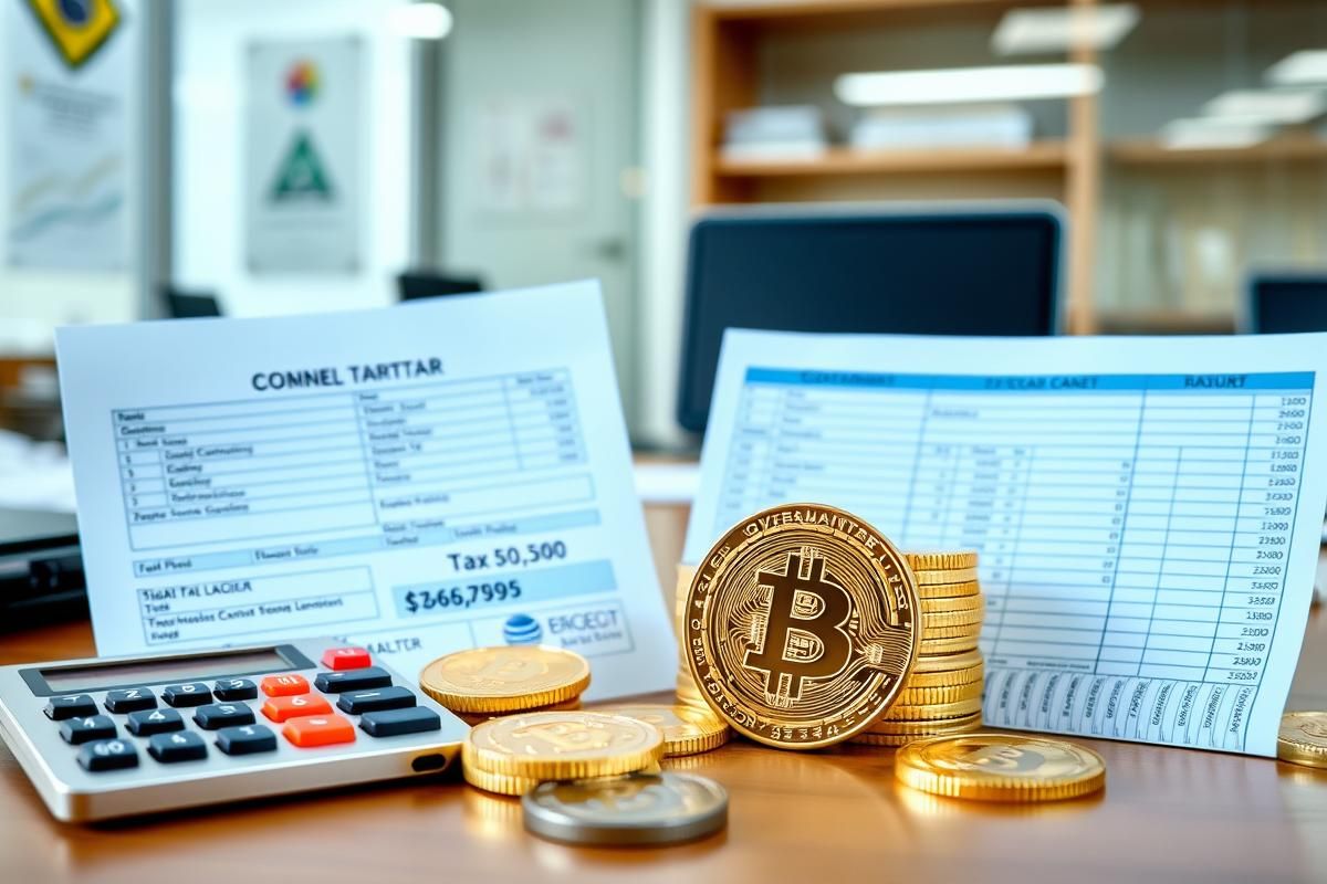A representation of Brazil’s crypto gambling taxation, featuring a calculator, crypto coins, and tax documents in a modern office environment.