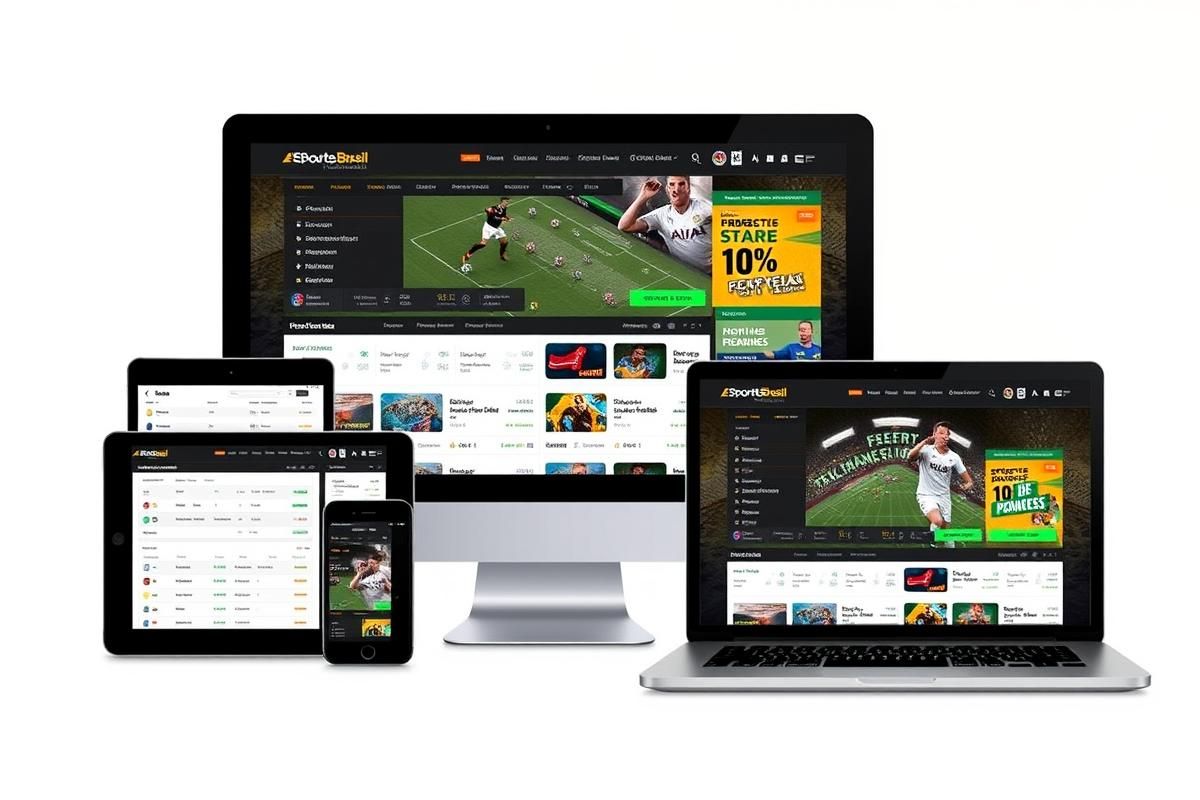 A sleek digital betting platform interface displayed on multiple devices with user-friendly features and dynamic design from Esportes Gaming Brasil.