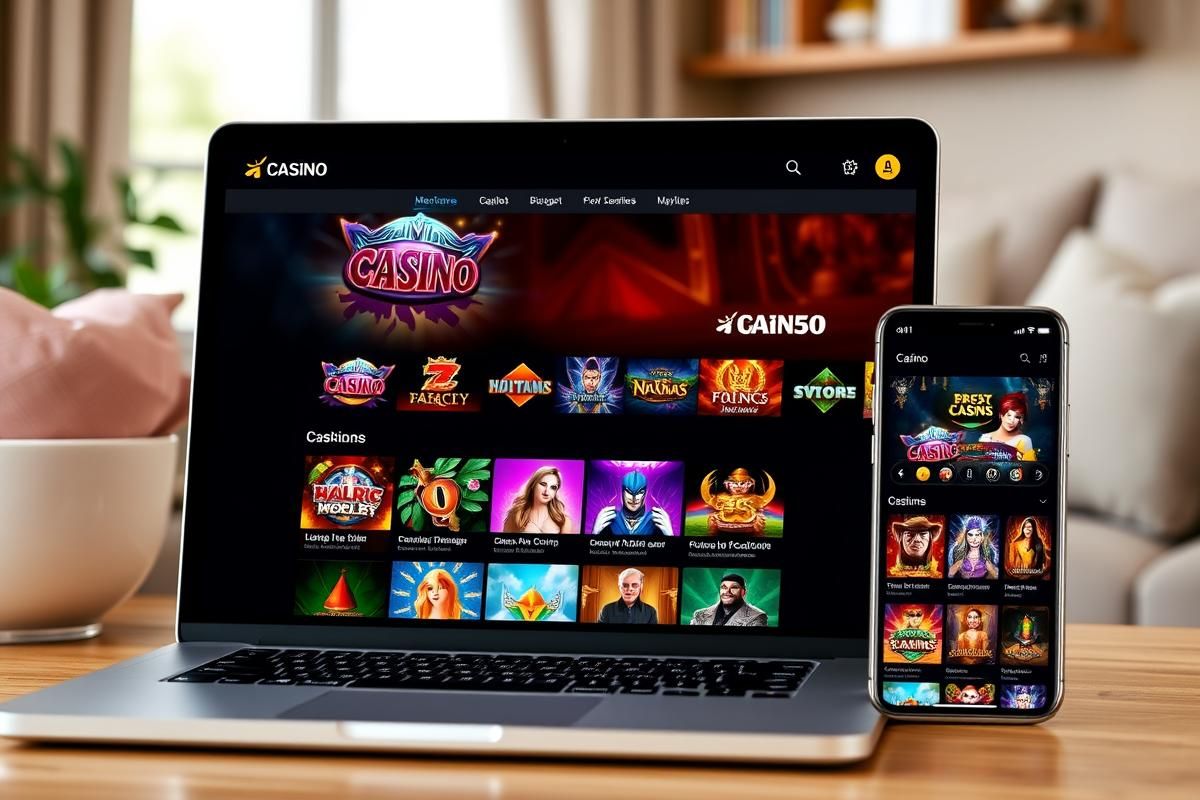 A sleek online casino interface displayed on a laptop and smartphone in a cozy home environment.