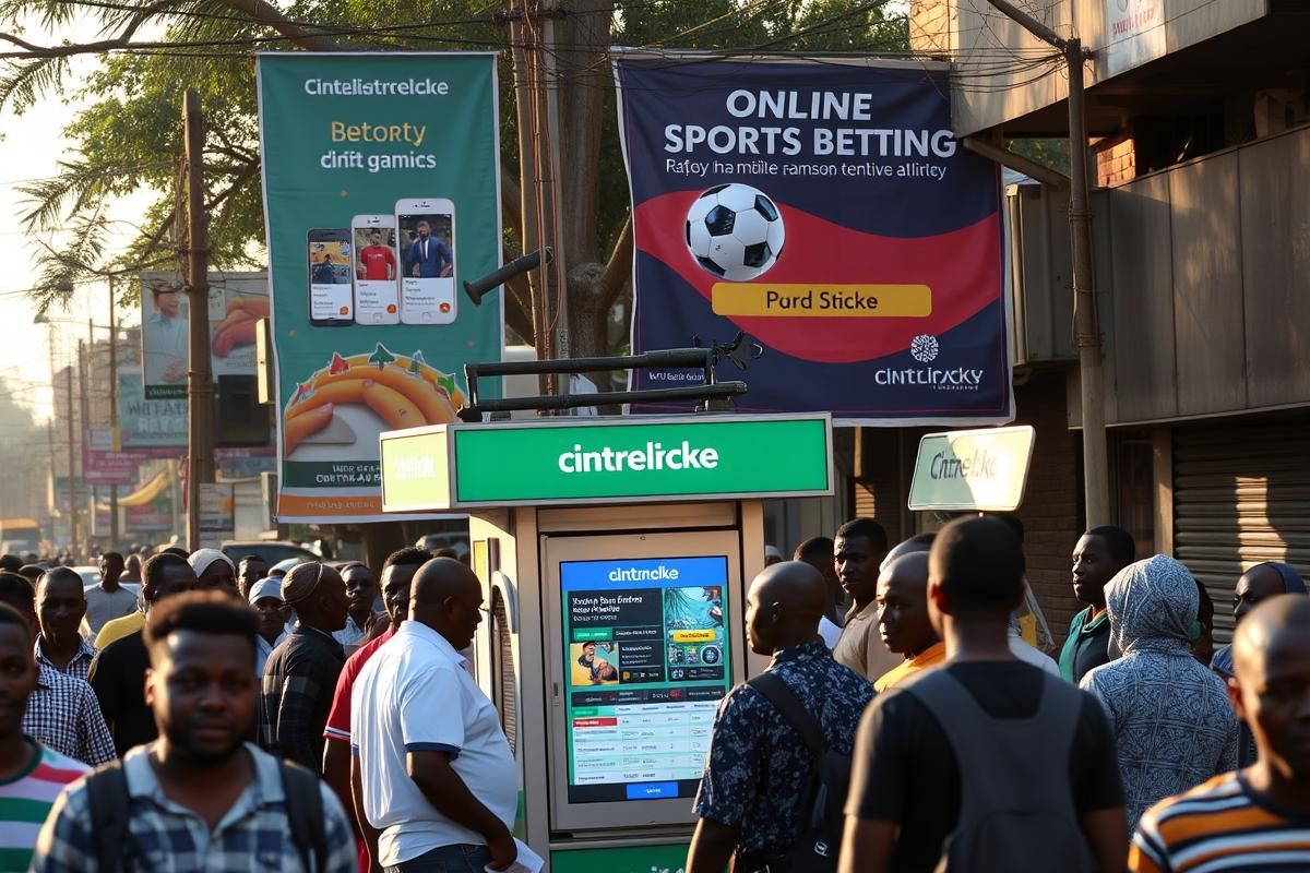 African street with digital payment kiosk, online sports betting banners, and a lively crowd.