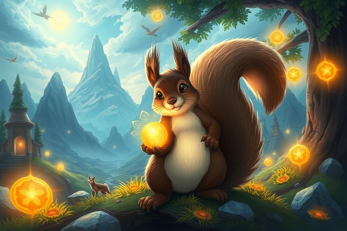 An artistic rendering of a mystical squirrel guide with a shimmering seed amidst a magical Norse-inspired realm featuring vivid colors and symbols.