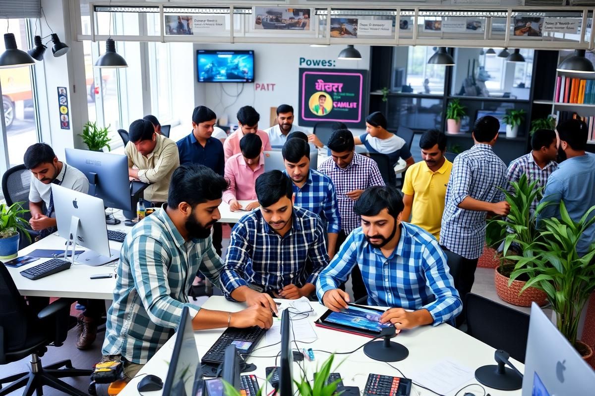 An Indian tech office with a team working on an online gaming platform in a collaborative environment.