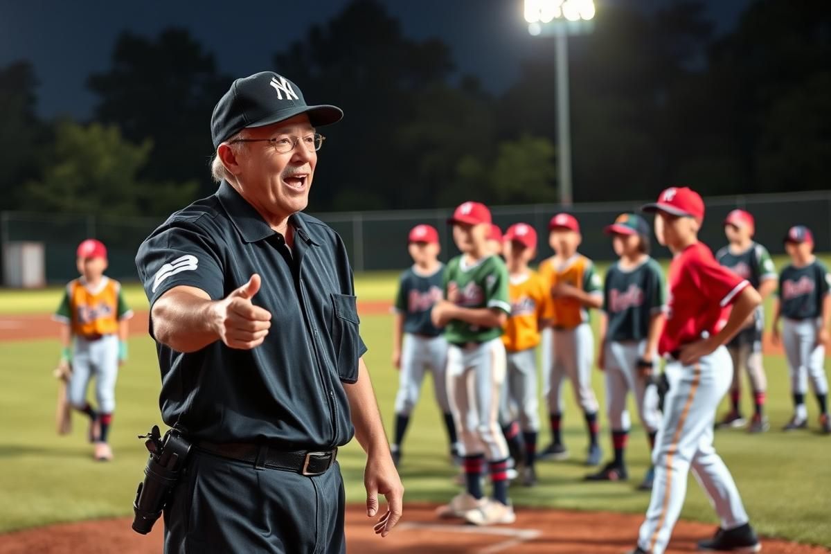 An umpire on a Little League field surrounded by young athletes, highlighting fairness and unity in youth sports.