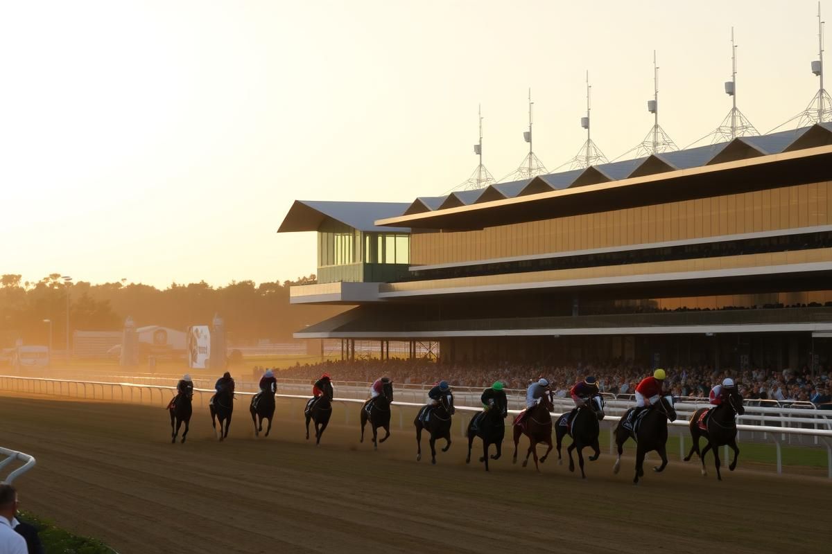 Australian horse racing track with jockeys competing under a warm afternoon sun.