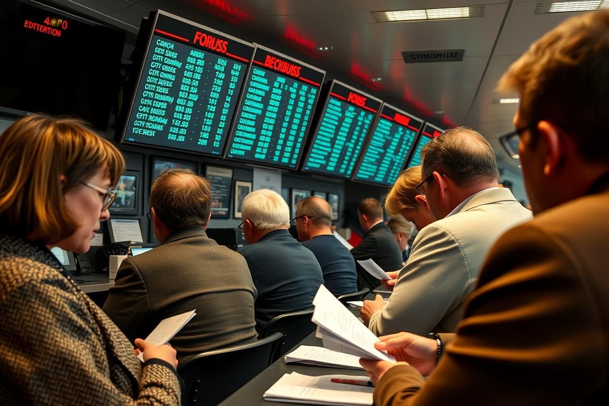 Bettors at a bookmaker's kiosk placing bets on a busy race day at an Irish track.