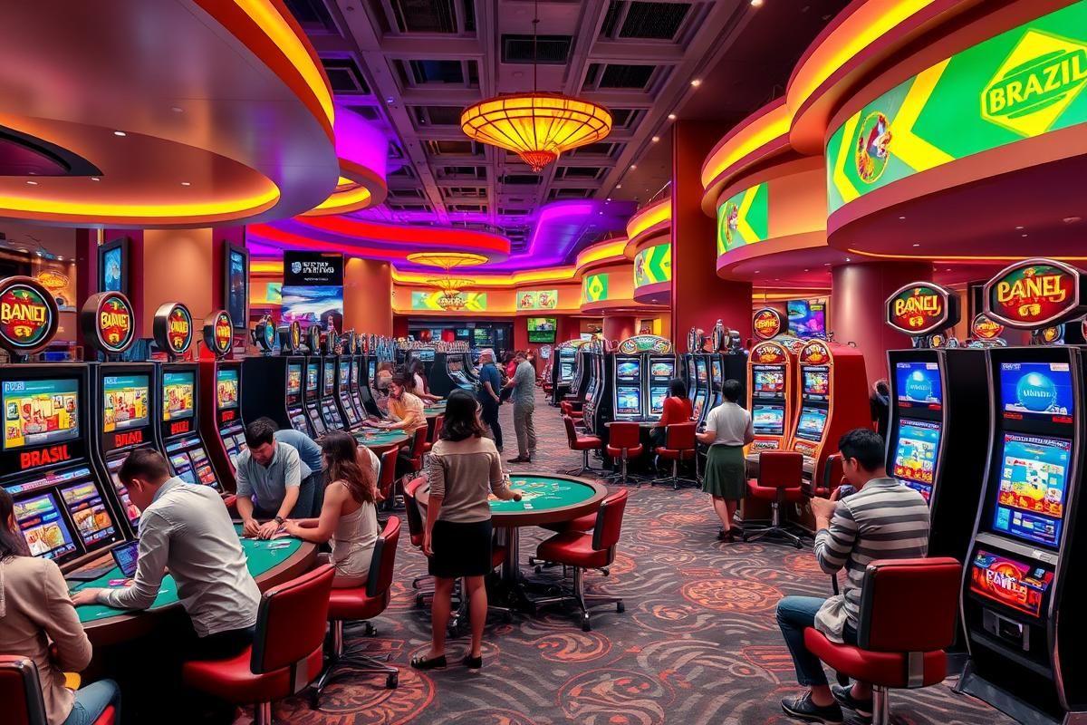 Brazilian casino floor with players engaging in games, vibrant activity visible.