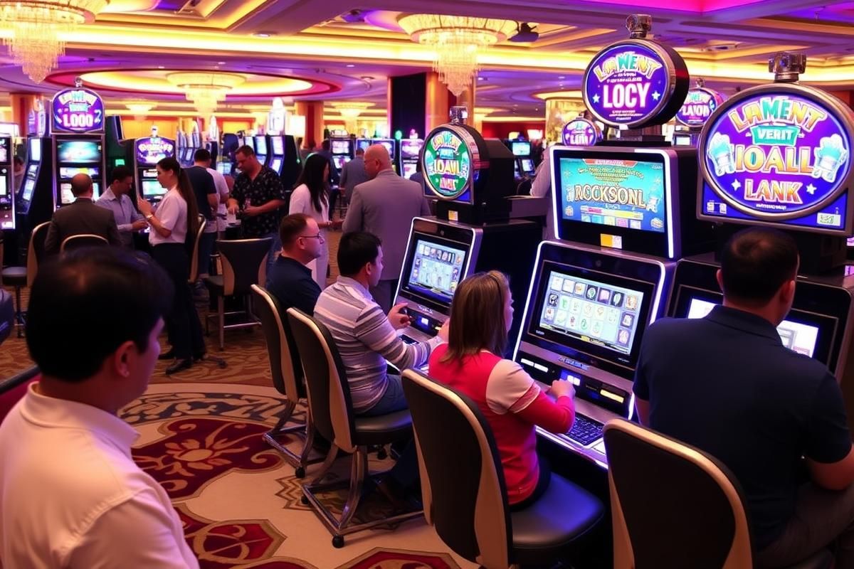 Casino environment in Argentina showcasing EGT's Bell Link jackpot and General Series cabinets with players engaged.