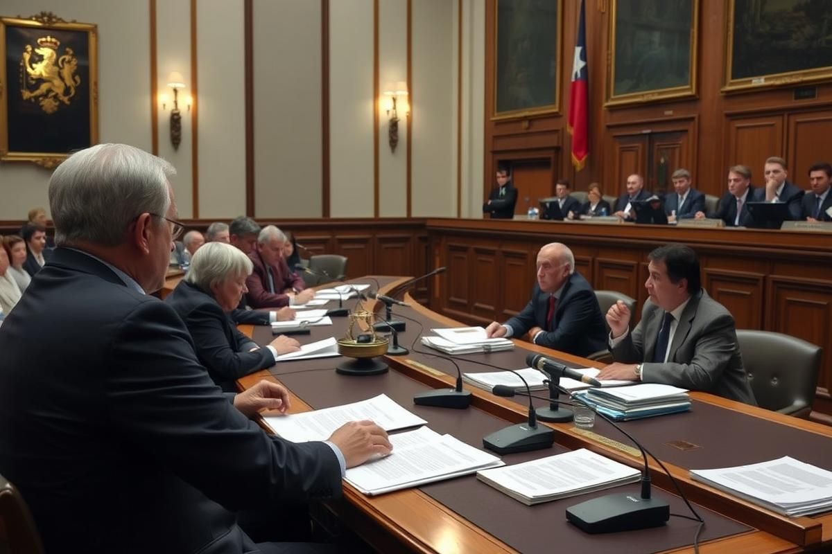 Chilean parliament debating the regulation of online gambling, formal setting with officials at tables.