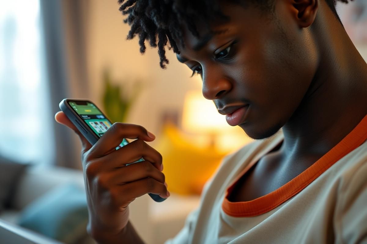 Close-up of an African person using a smartphone to play a casino or sports betting app in a home setting.