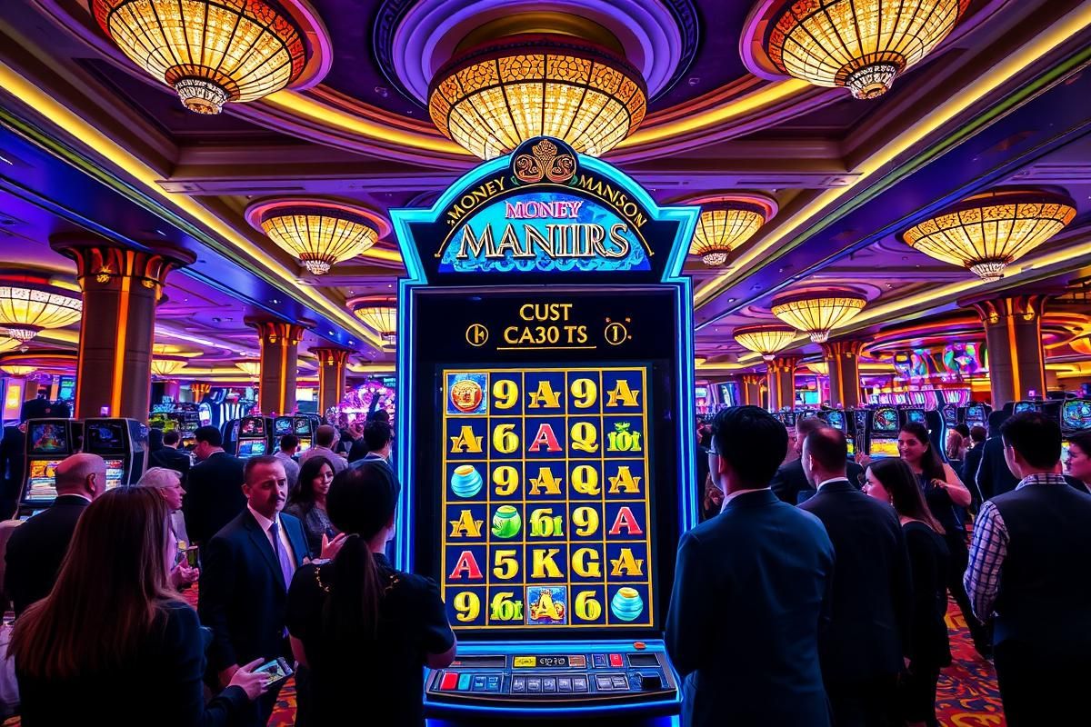 Close-up of casino patrons engaging with the Money Mansion slot machine and interactive elements at Kasino Vannes.