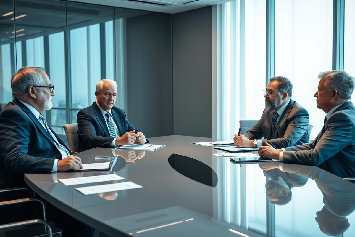 Corporate executives analyzing a merger decision in a modern boardroom setting.