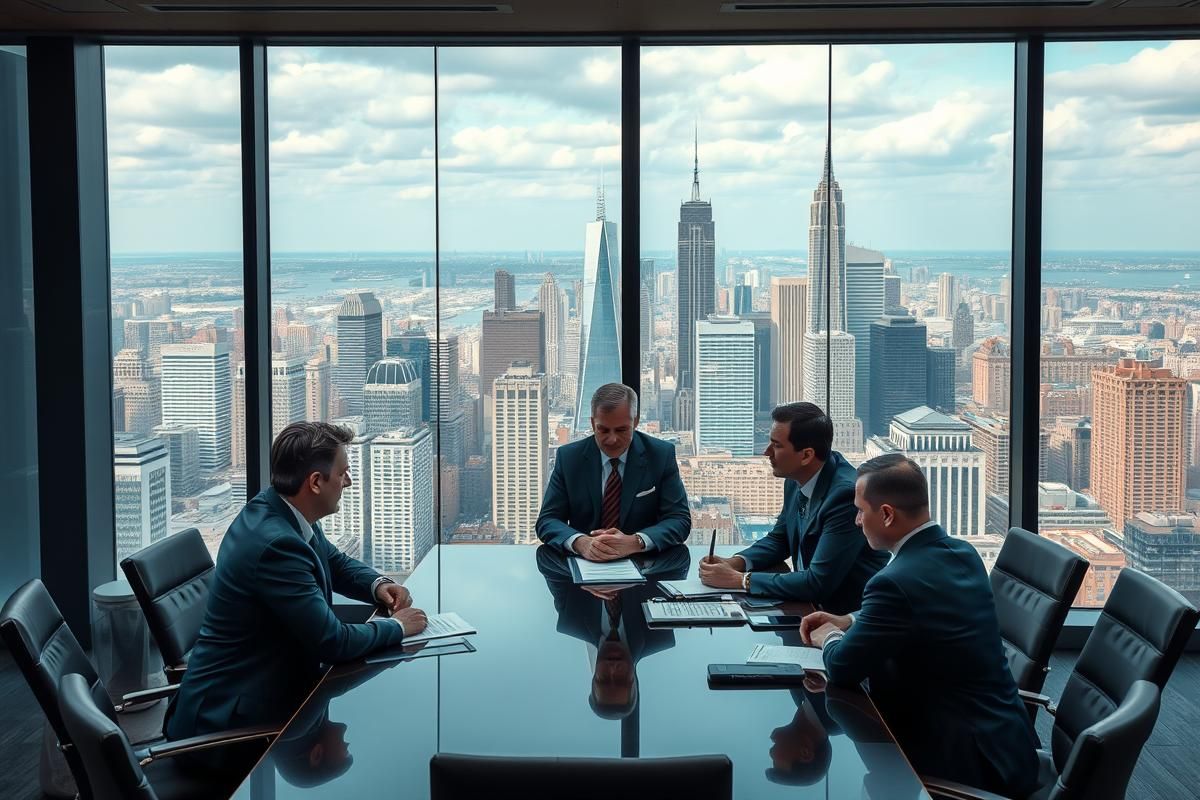 Corporate executives in a boardroom discussing business strategies against a city skyline background.