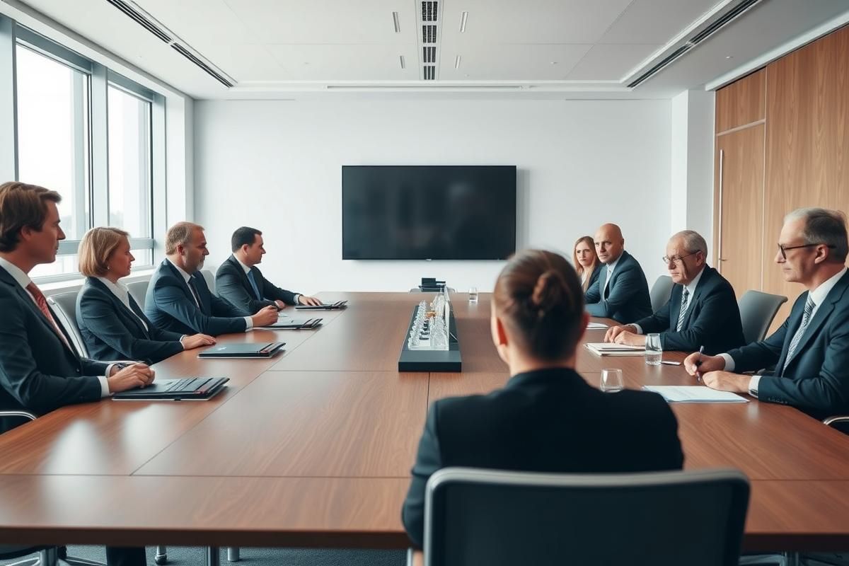 Corporate executives in a boardroom discussing the Norsk Tipping lottery scandal, reflecting seriousness and determined decision-making.