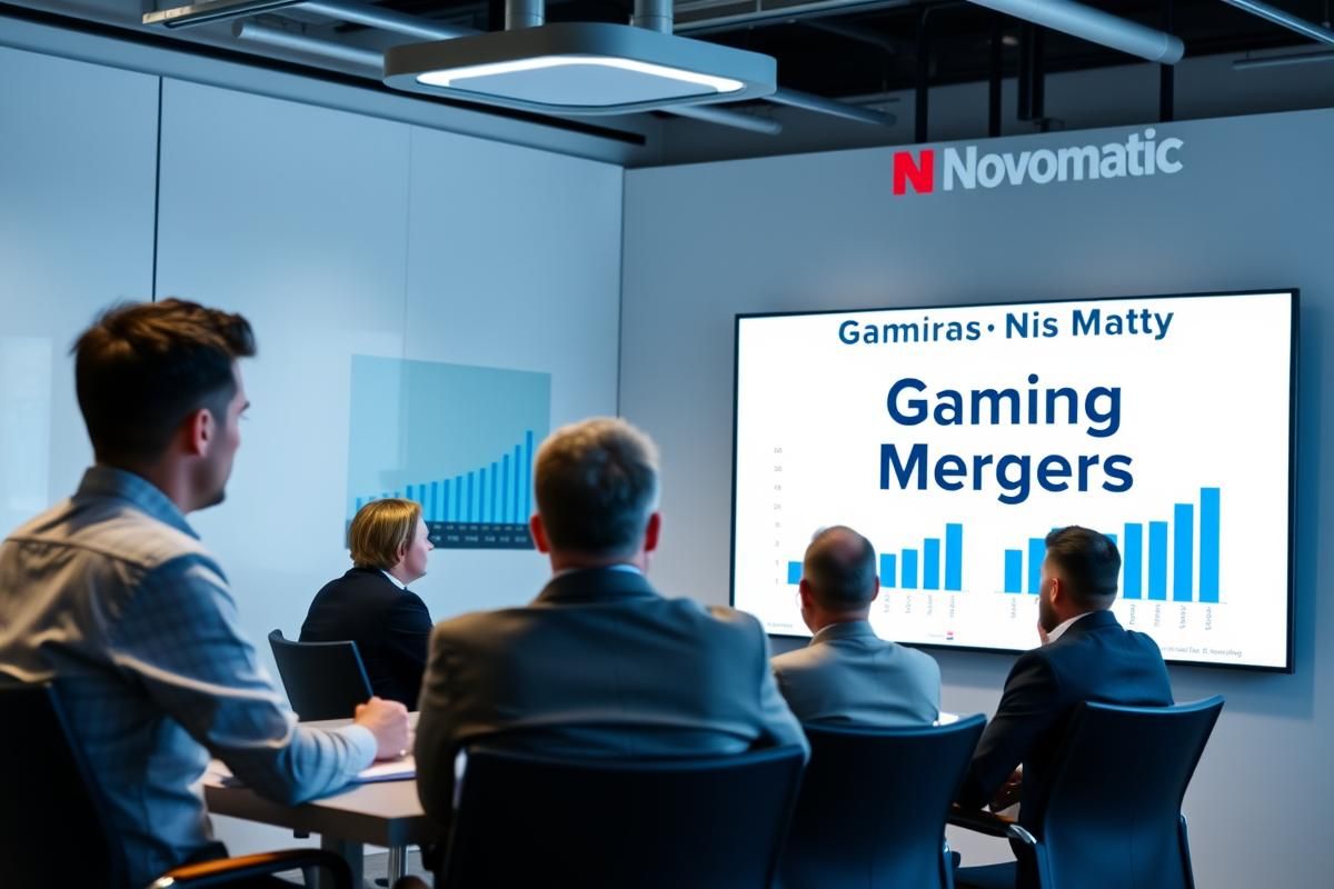 Corporate meeting discussing financial data and gaming industry strategies, featuring Novomatic branding.