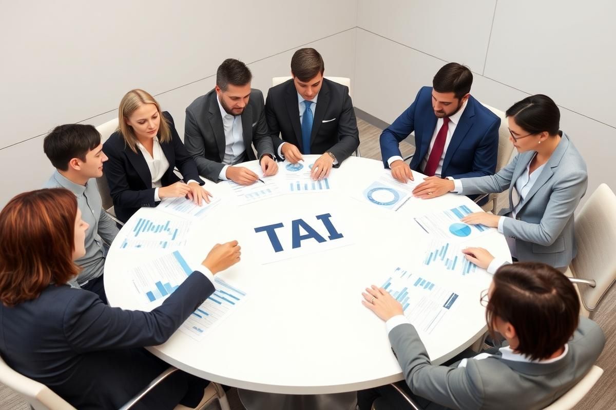 Corporate roundtable discussion on gambling tax policies with visible documents and charts.