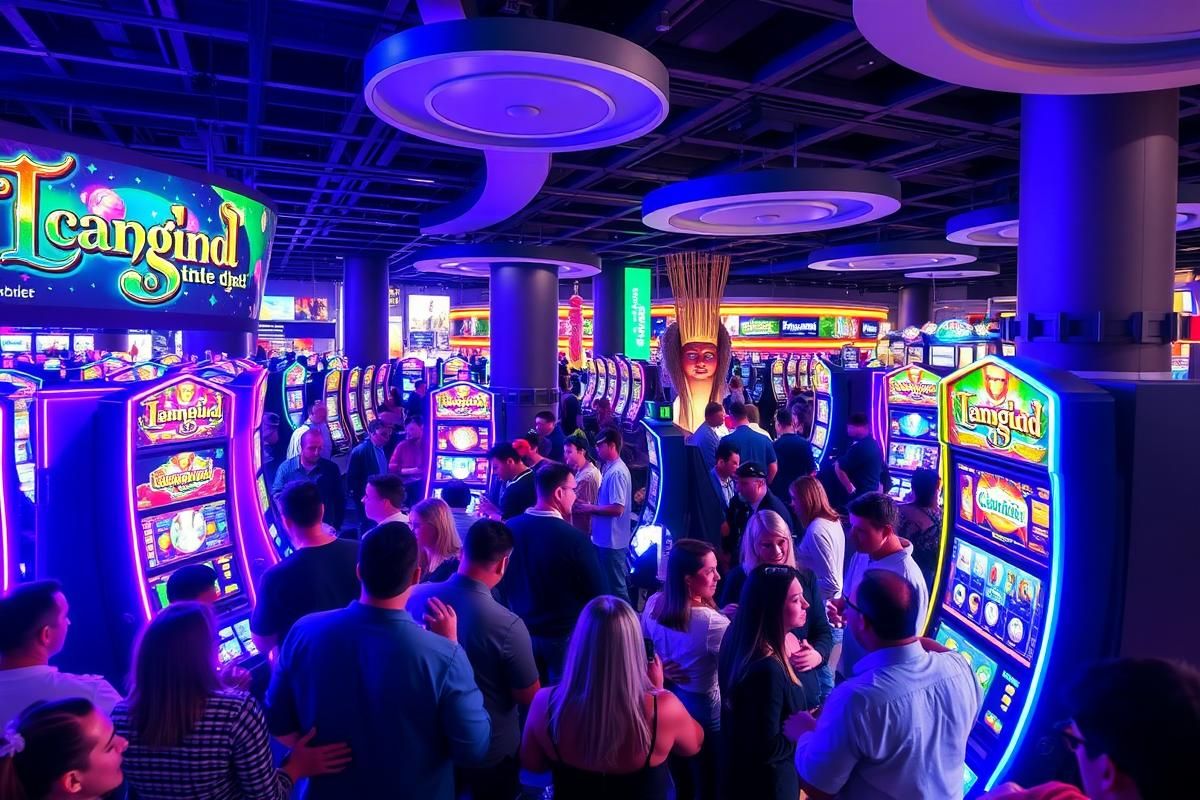 Crowd at Kasino Vannes enjoying the colorful launch event of 'Money Mansion' slot machine with costumed characters and festive decorations.