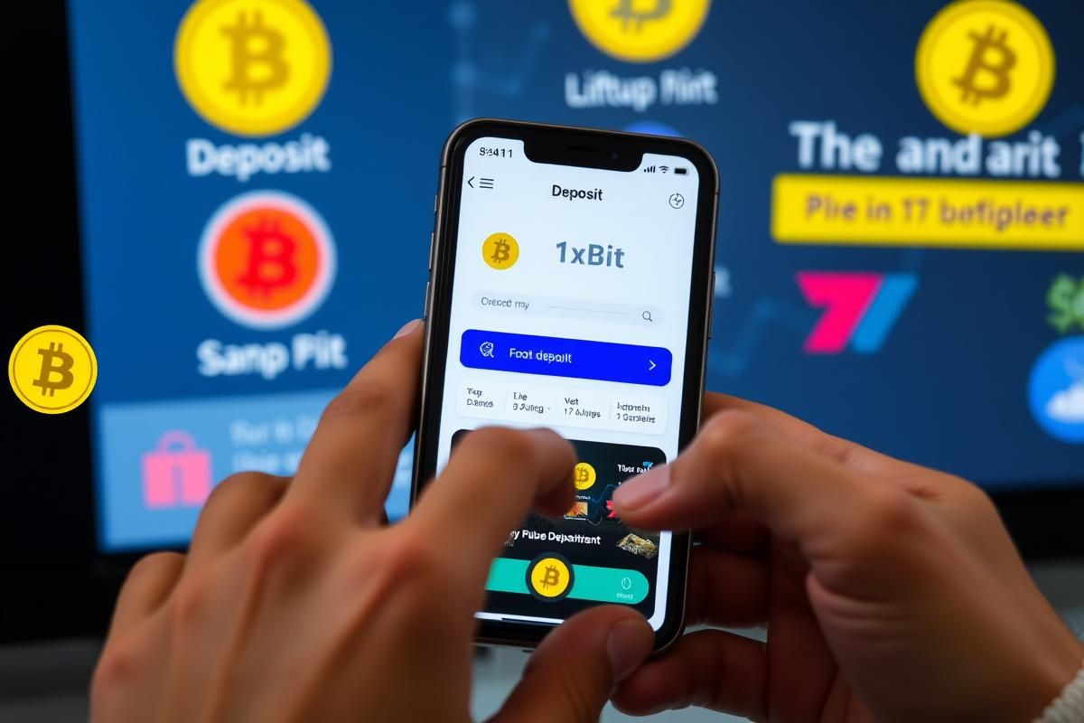 Crypto deposit on a mobile app for 1xBit with hands holding a phone and a Bitcoin-themed bonus interface.