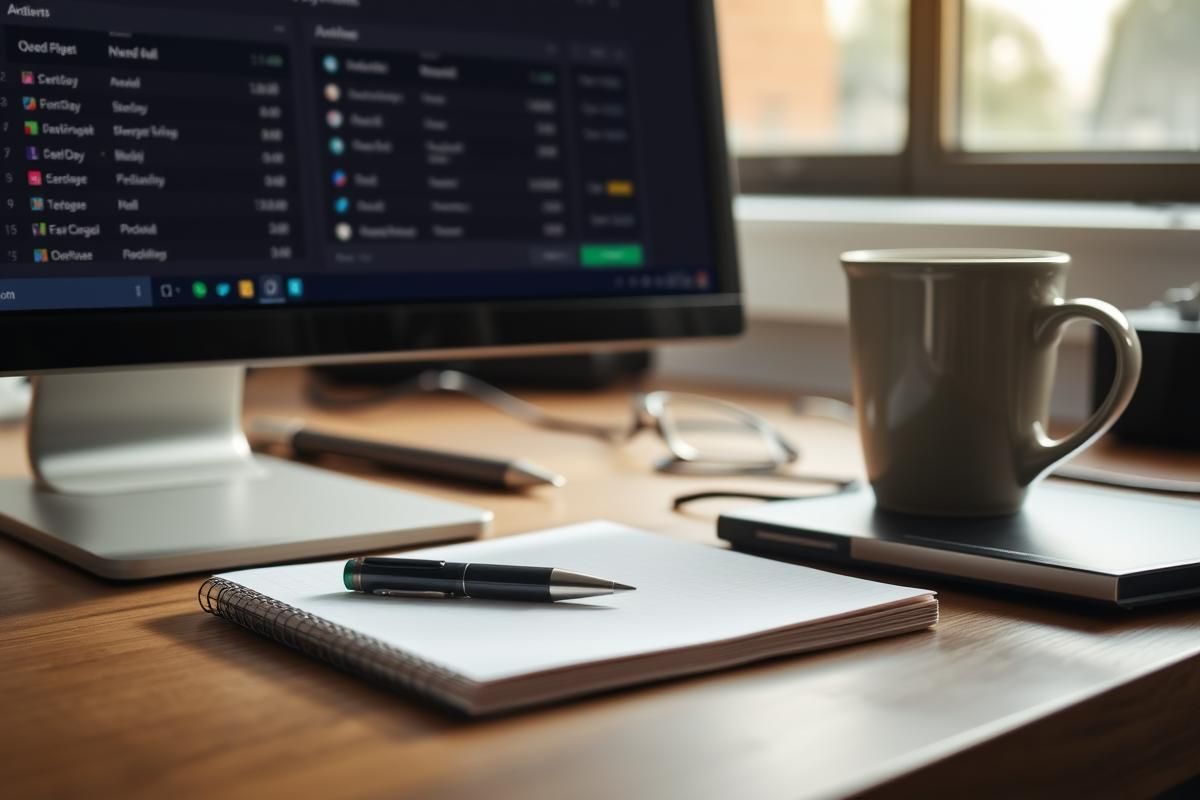 Desktop setup with odds-matching software, notepad, and coffee for betting analysis.
