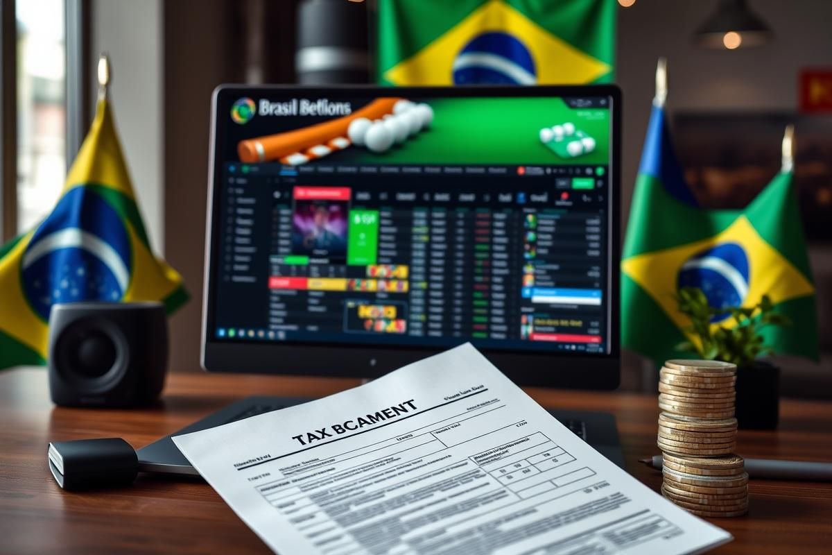 Desktop showing online betting websites with Brazilian tax documents and local currency in a modern, realistic scene.