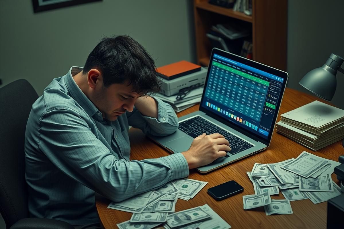 Distressed gambler with betting slips and a laptop, showing signs of financial trouble.