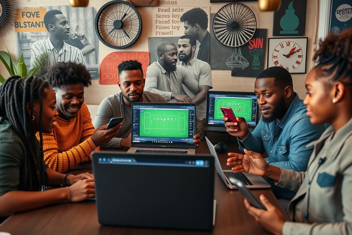 Diverse African content creators hosting a sports betting session with tech devices.