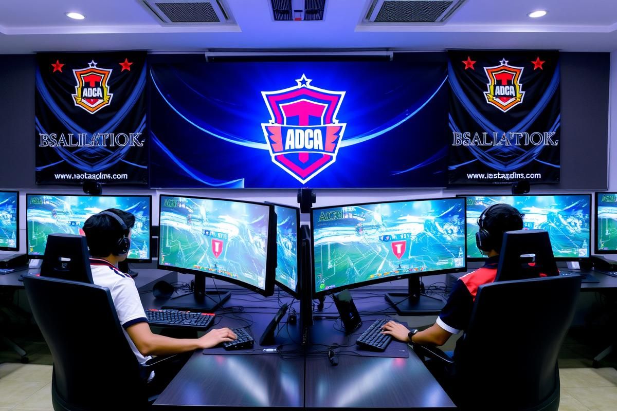 E-sports academy training session in India with gamers in front of modern setups.