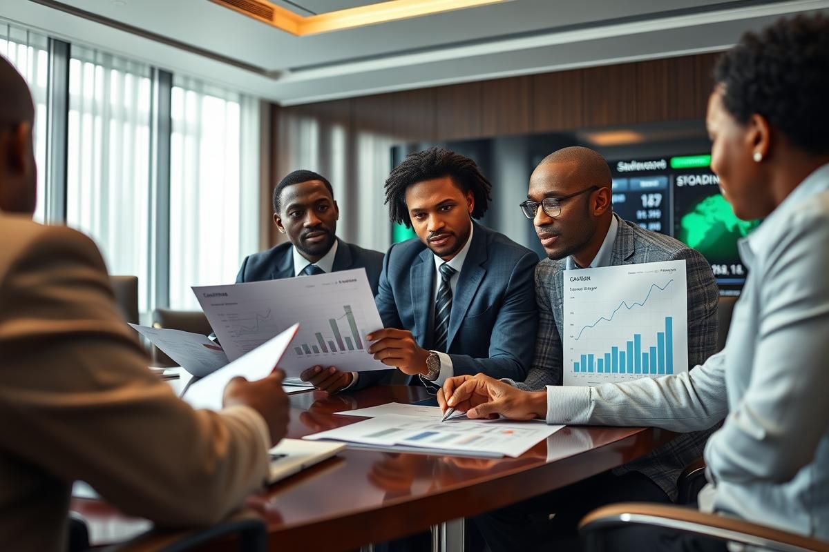 Executives analyzing financial growth charts, representing Super Group's Q2 2025 success in Africa.