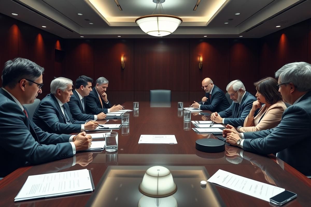 Executives and legal advisors debating tax policies during a boardroom meeting.