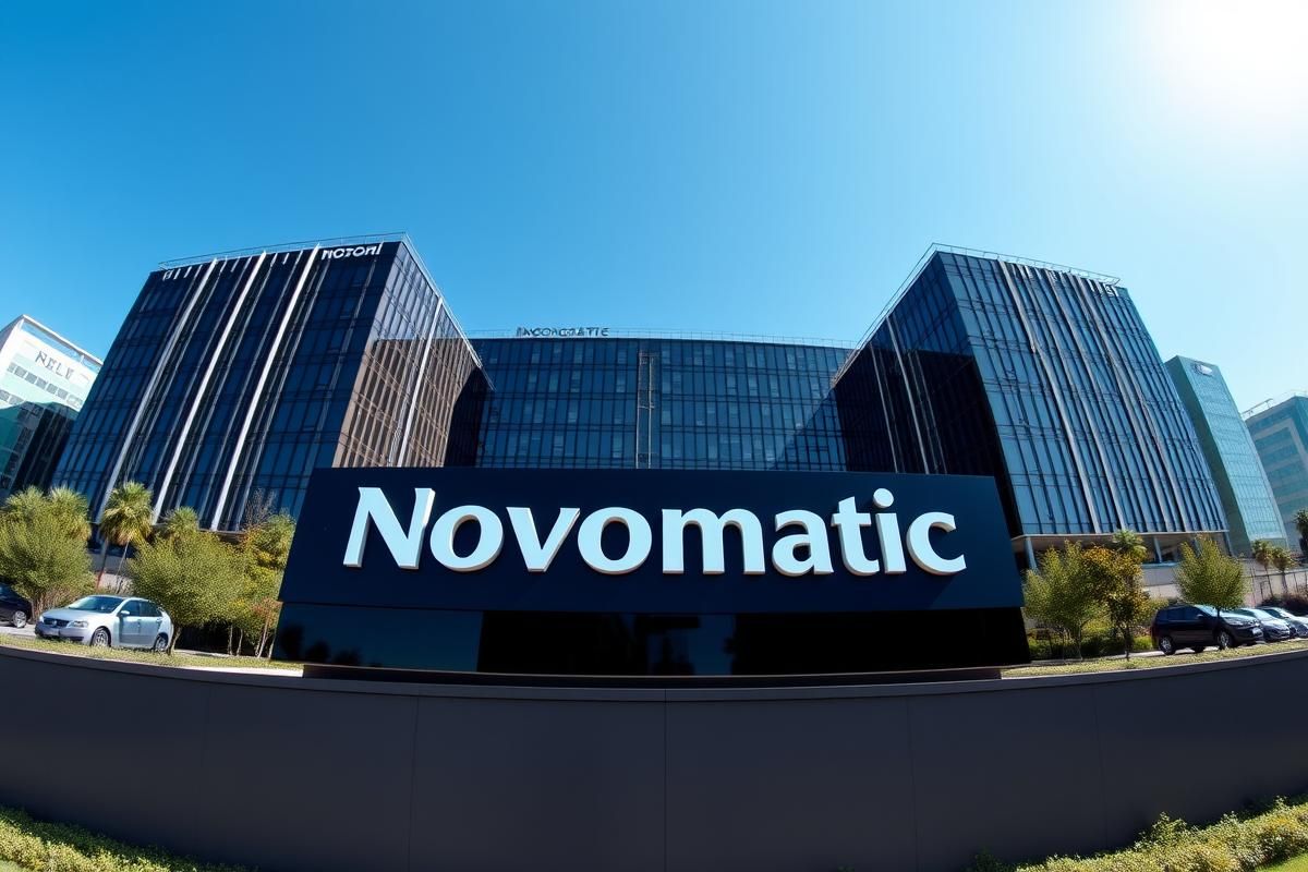 Exterior view of Novomatic's corporate headquarters showcasing modern architecture.
