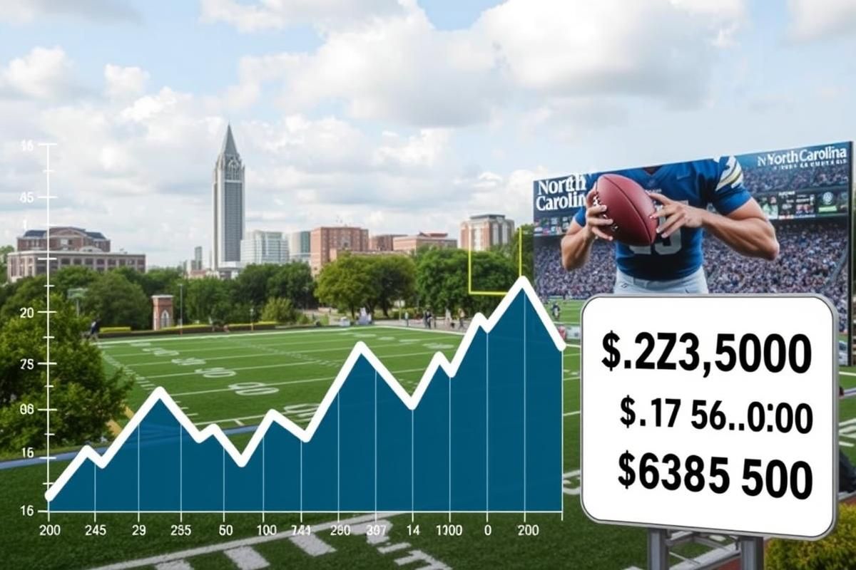 Financial graph showing revenue decline alongside a football season ad in North Carolina.