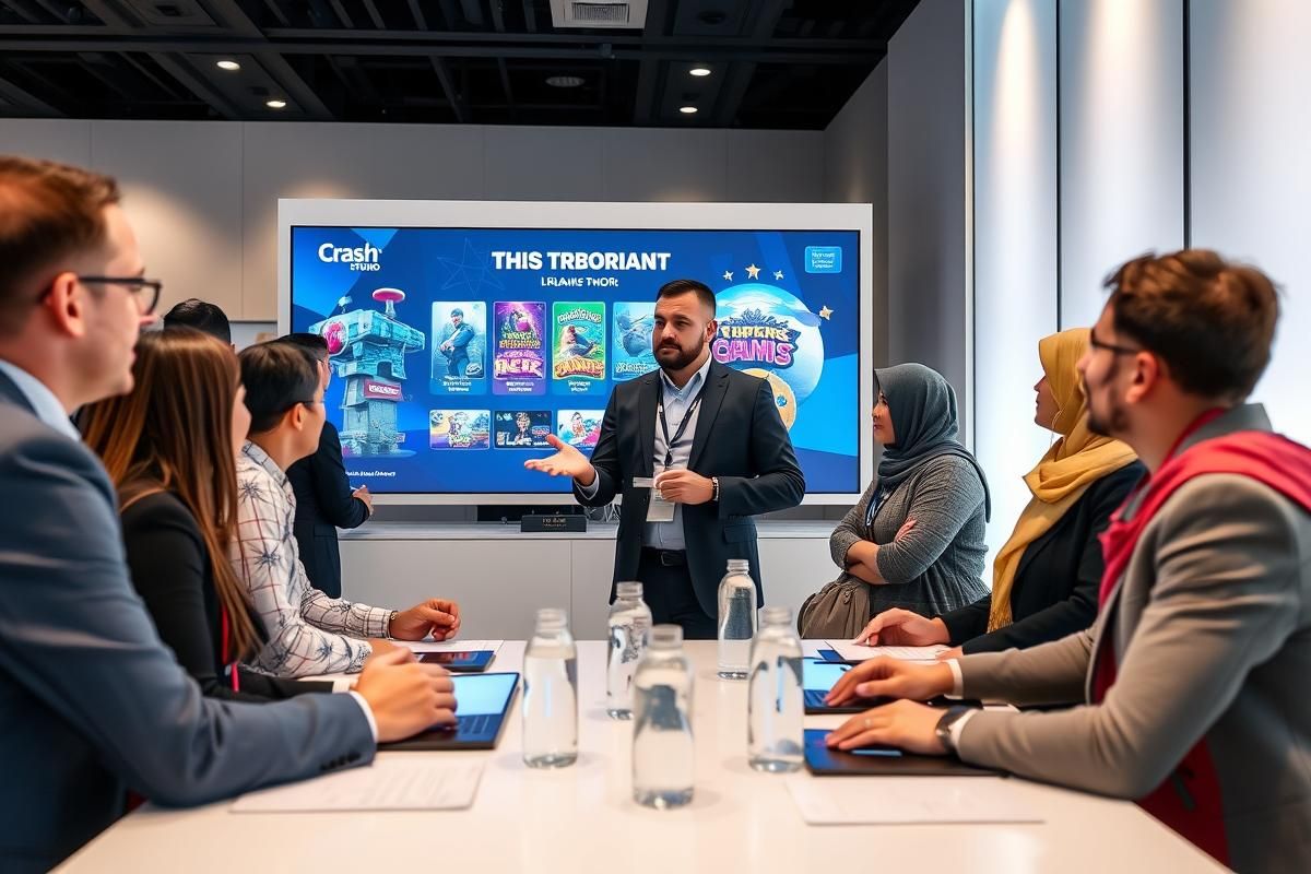 Galaxsys representatives showcasing crash games to a global audience at an iGaming conference.