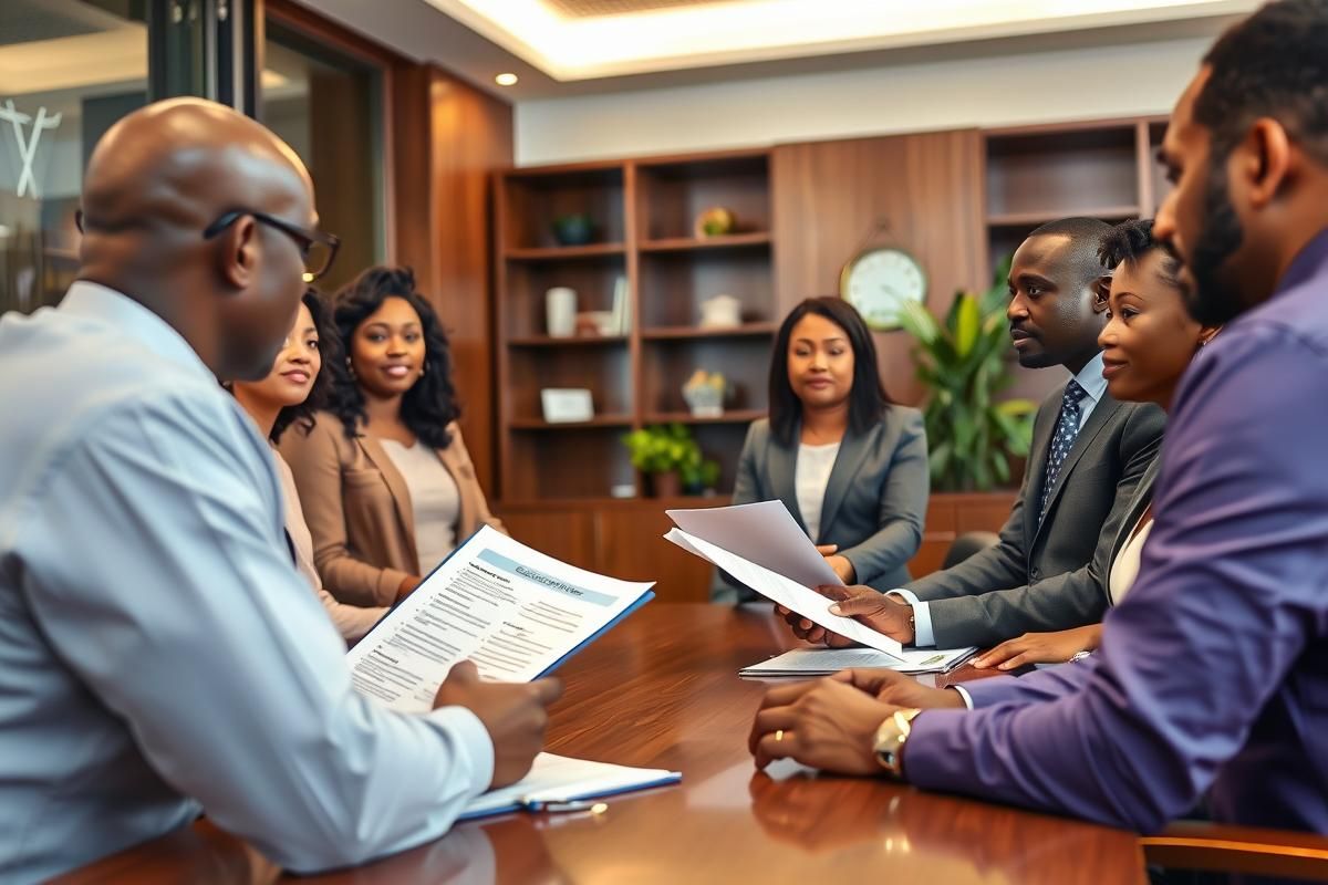Government official in Africa presenting policy documents to a diverse team in an office.
