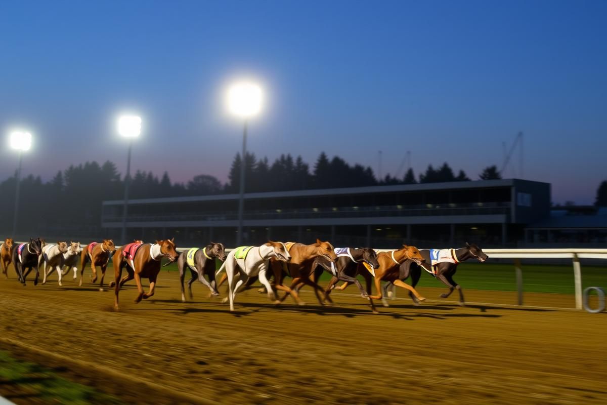 Greyhound racing under stadium lights on an evening track.